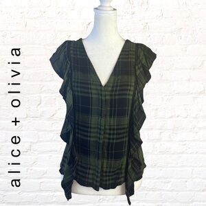 ALICE + Olivia Womens Janet Side Ruffle Blouse In Army / Black Size XS Plaid